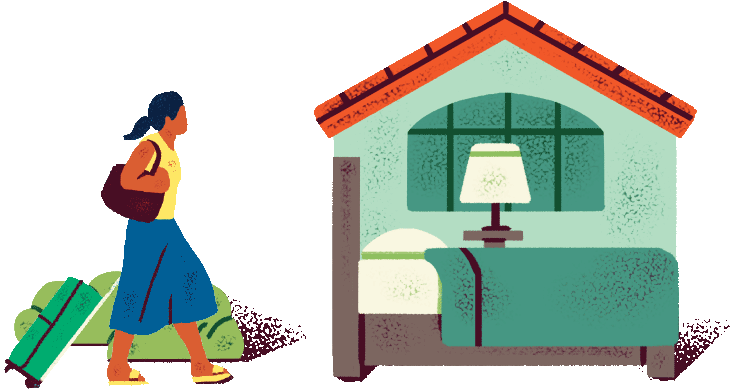 a woman carrying a suitcase and a bed.