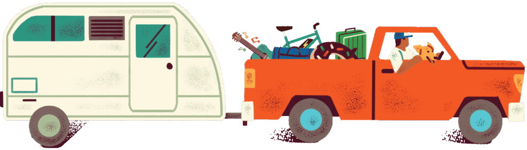 an orange truck with a camper full of items.