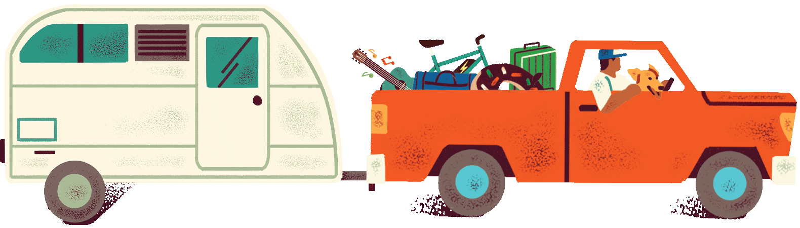 an orange truck with a camper full of items.