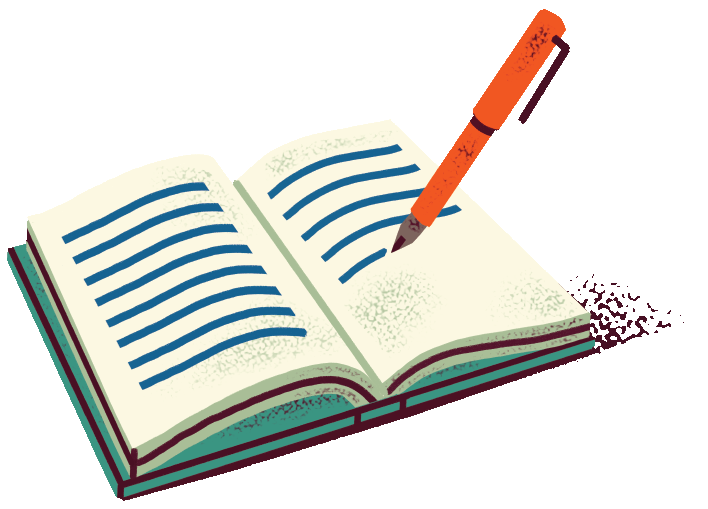 an open book with a pencil sticking out of it.