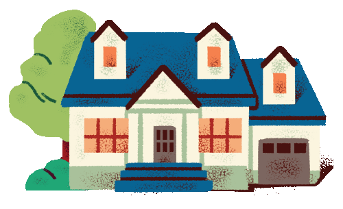 a house with a blue roof and red shutters.