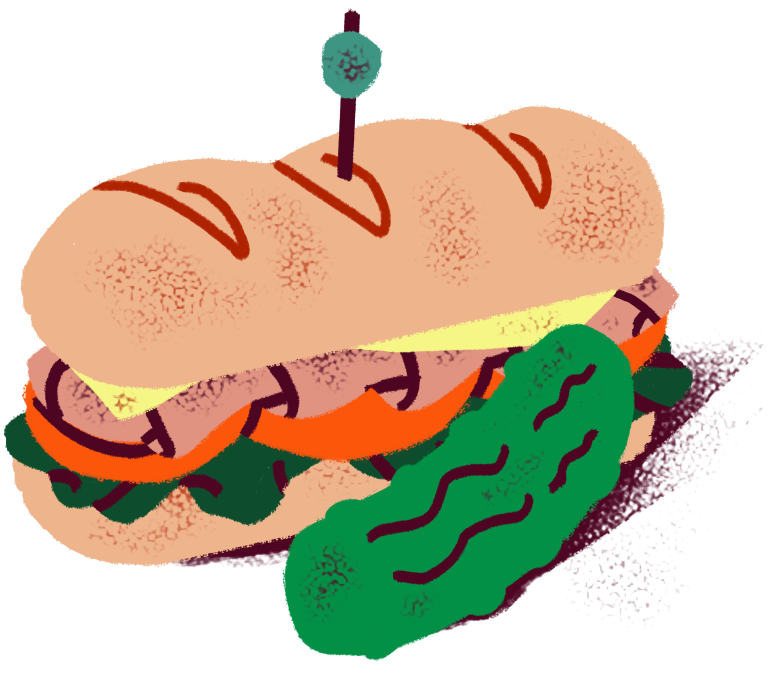 a drawing of a sandwich with lettuce and tomato.