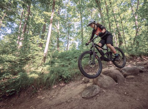 a person riding a bike on a trail in the woods.