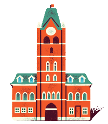 a red building with a clock on the top of it.