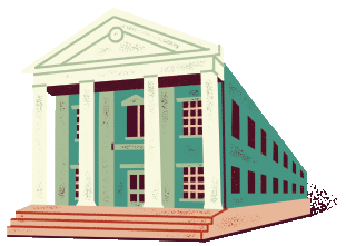 a green and white building with columns and steps.