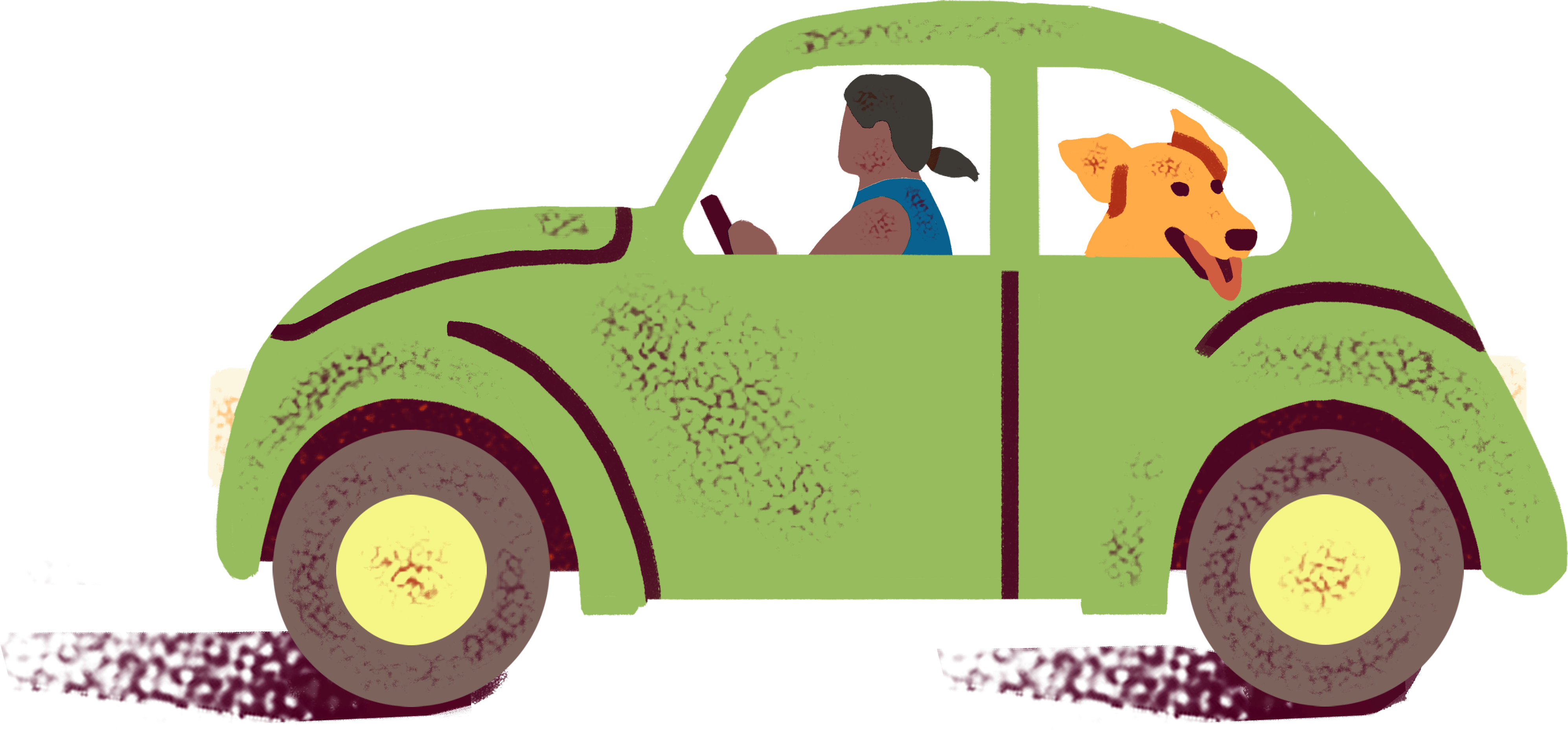 a woman driving a green car with a dog in the back.