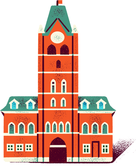 a large red building with a clock on the top of it.
