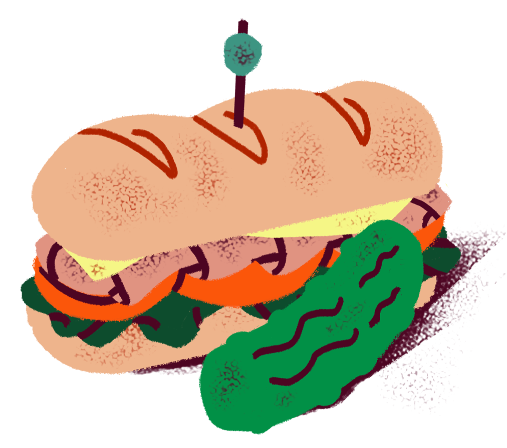 a drawing of a sandwich with lettuce and tomato.