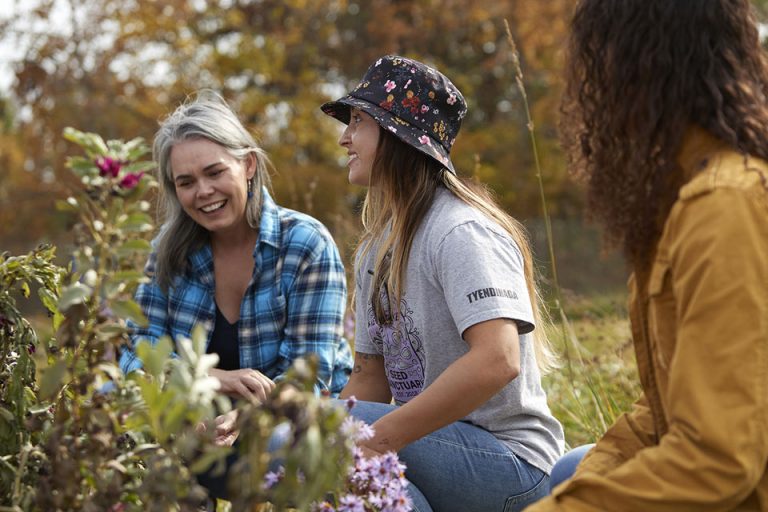 a group of women sitting on top of a lush green field.