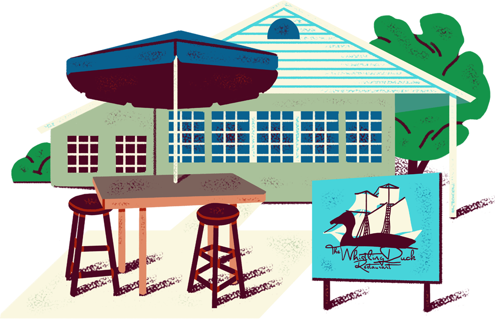 a drawing of a house with an umbrella over it.