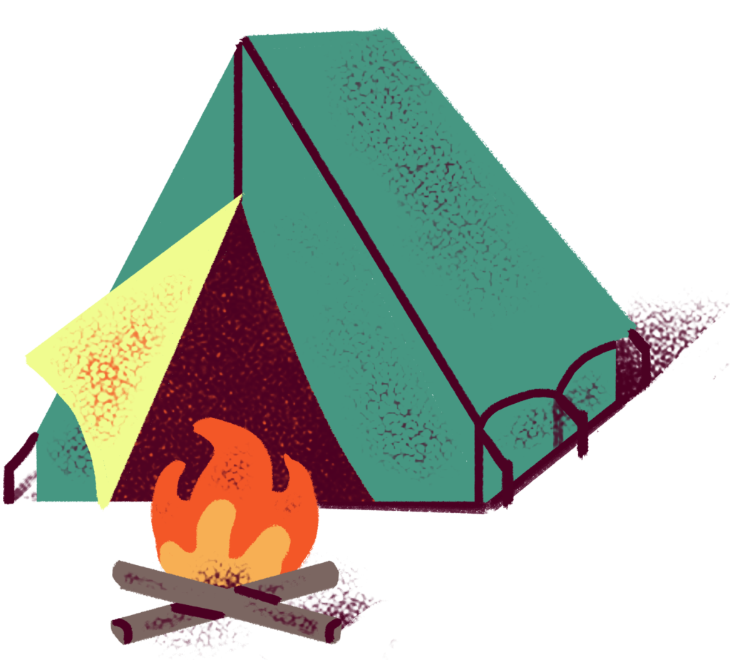 Illustration of a tent with a fire in front