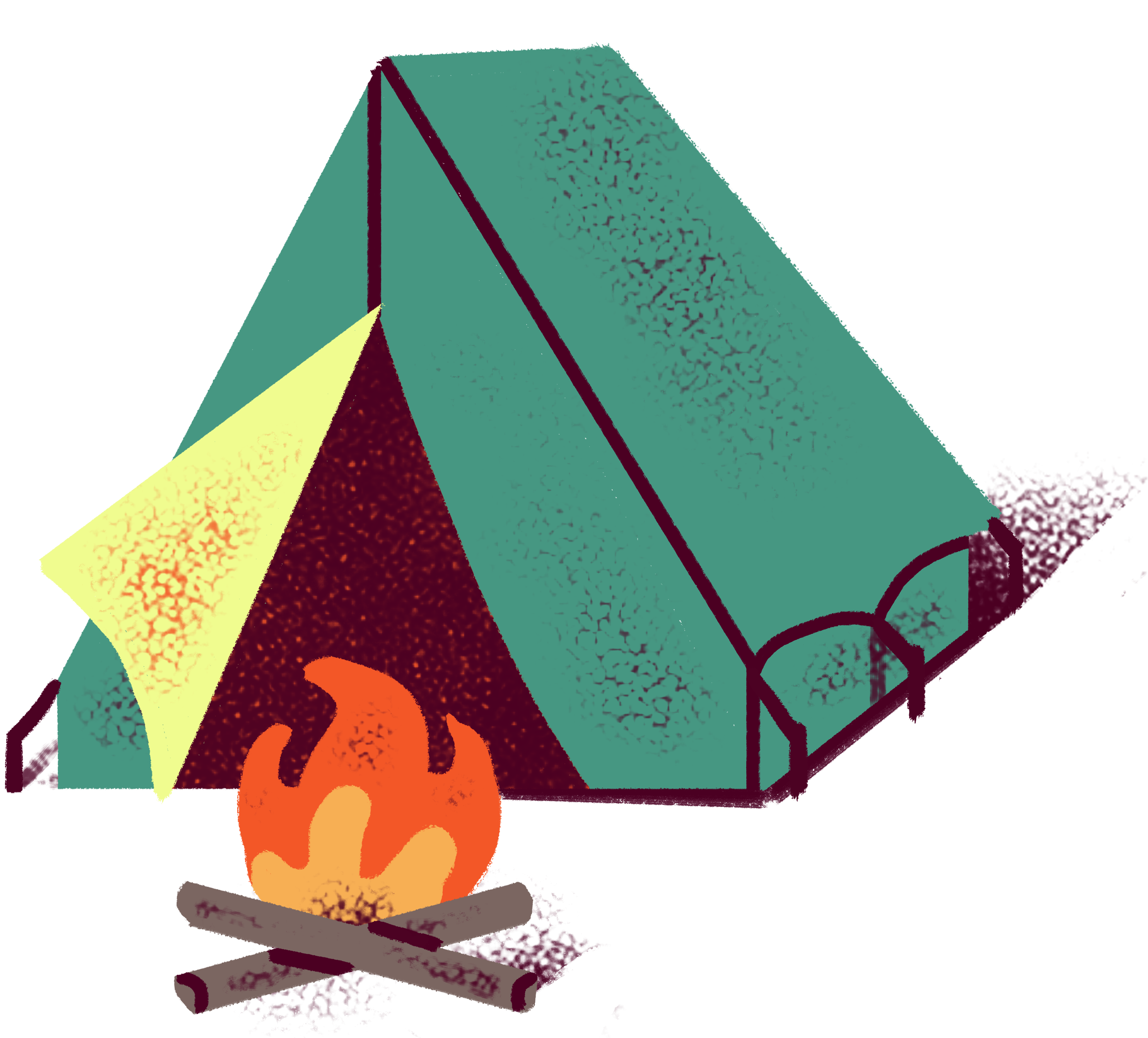 Illustration of a tent with a fire in front