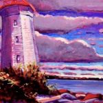 a painting of a lighthouse on a cloudy day.