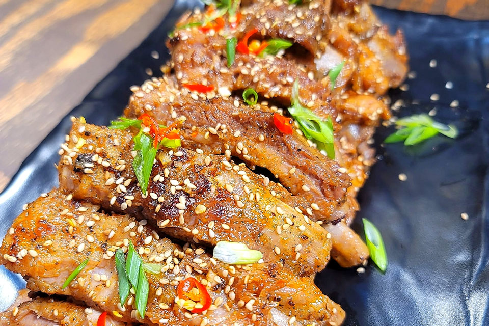 a close up of a plate of food with meat.