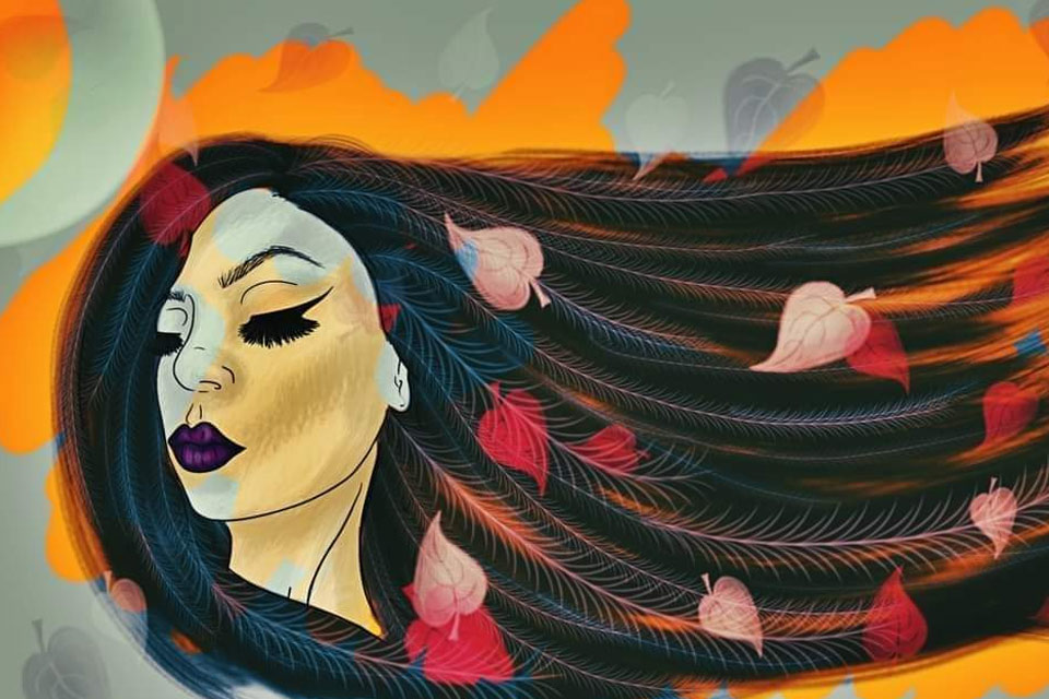 a painting of a woman with long hair.