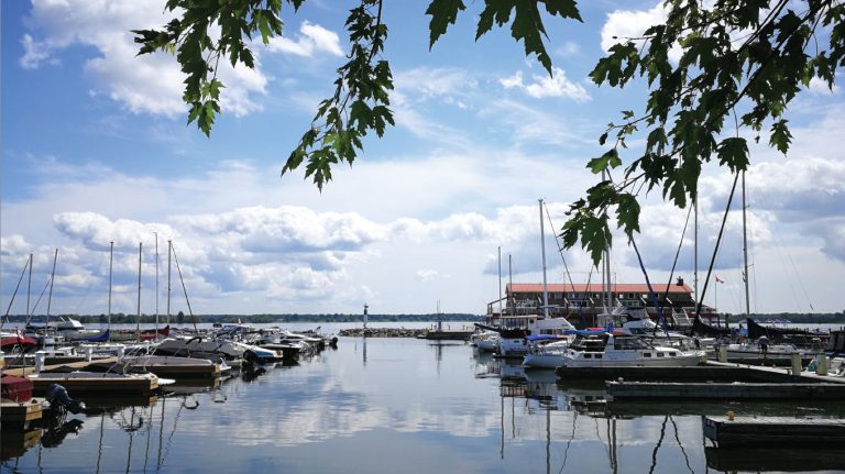 a harbor filled with lots of boats under a cloudy blue sky.
