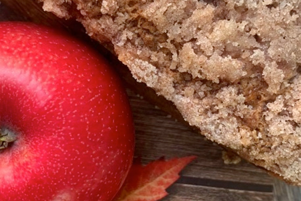 a slice of apple bread next to an apple.