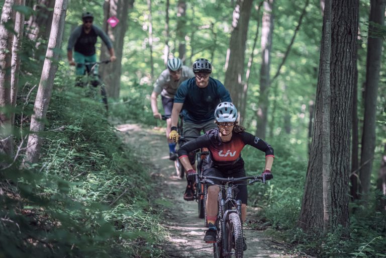 A group of mountain bikers riding down a trail in the woods.