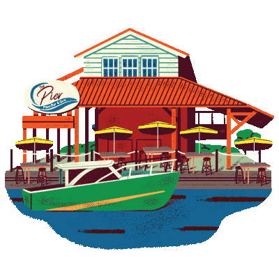 An illustration of a boat docked in front of a restaurant.
