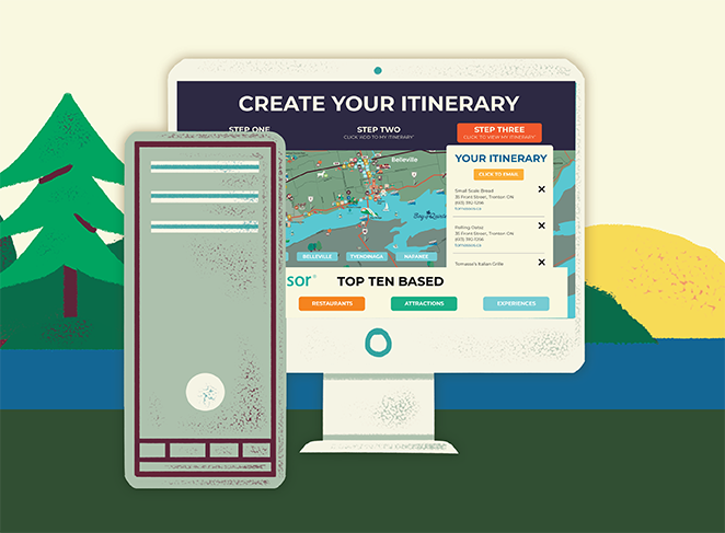 A computer screen with a map on it and the words create your itinerary.