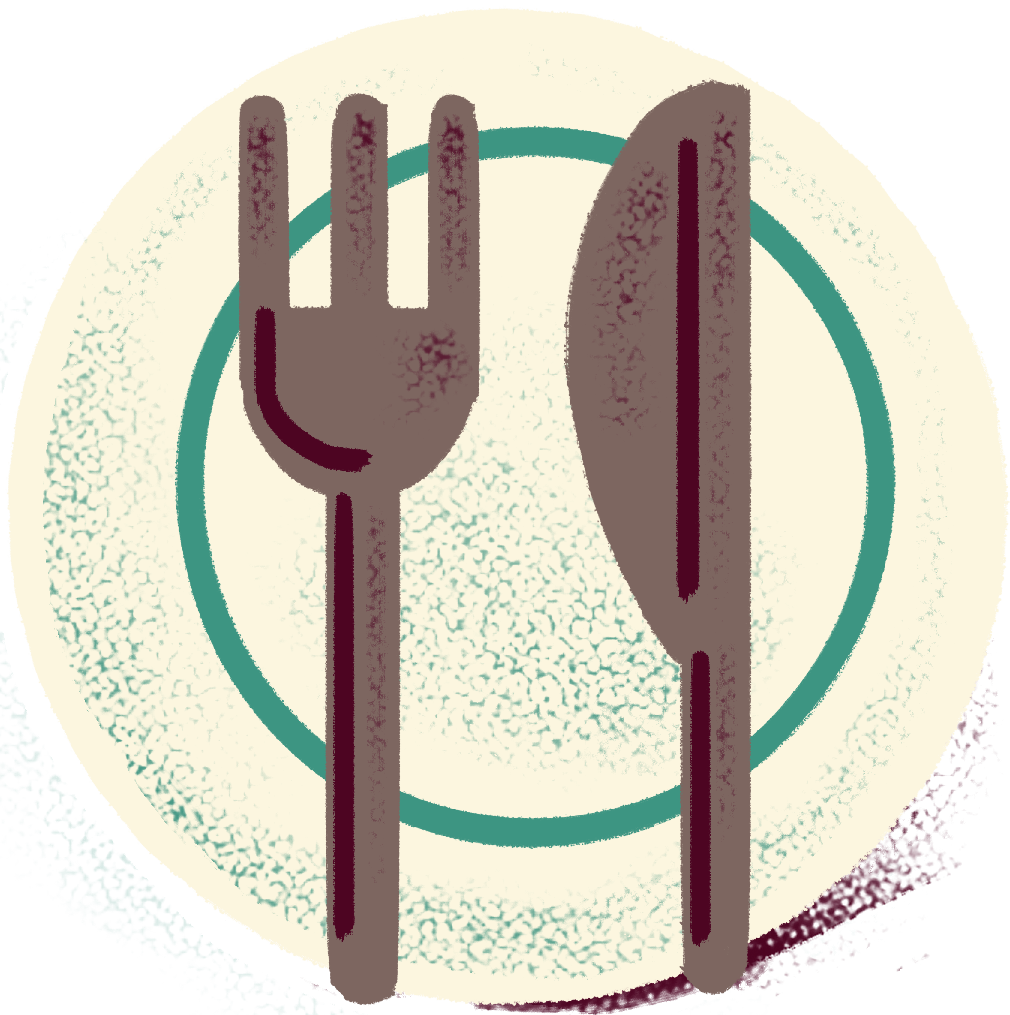 llustration of a white plate with fork and knife on top.