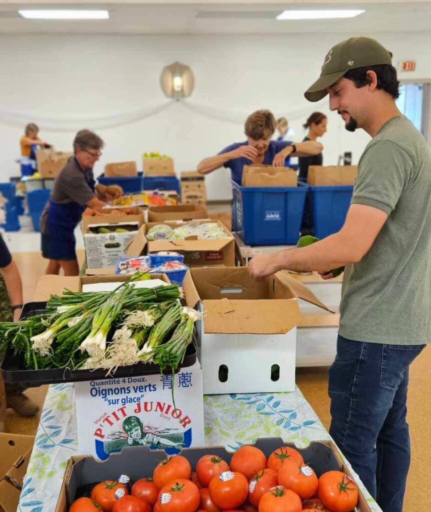 volunteers working to pack food boxes