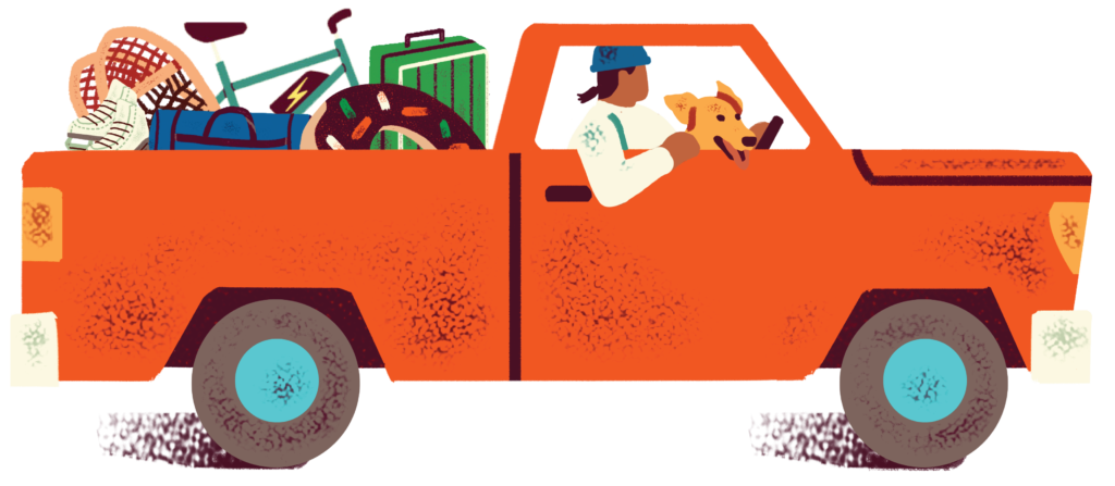 Illustration of a truck with a load of trip equipment and a dog and driver in the window