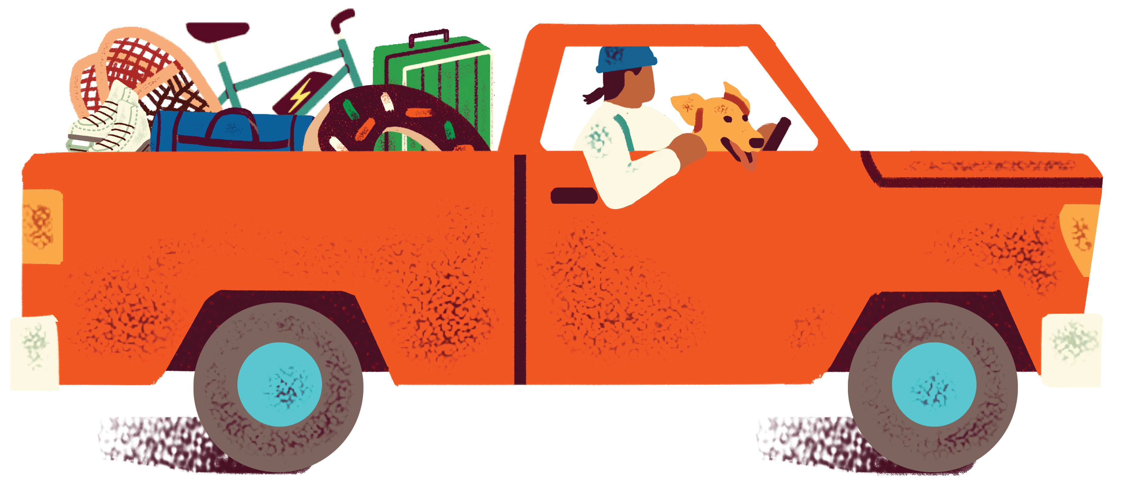 Illustration of a truck with a load of trip equipment and a dog and driver in the window