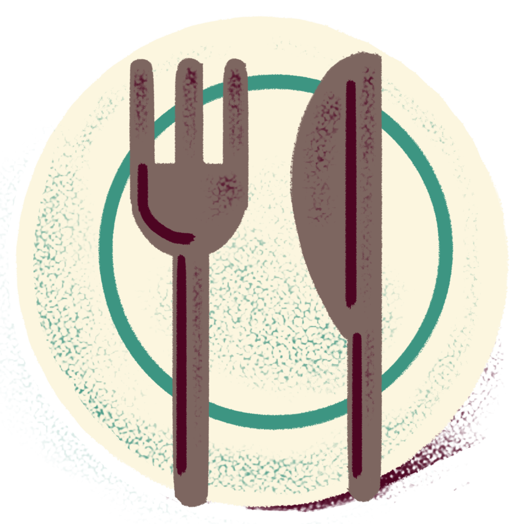 Illustration of a plate with a knife and fork on top