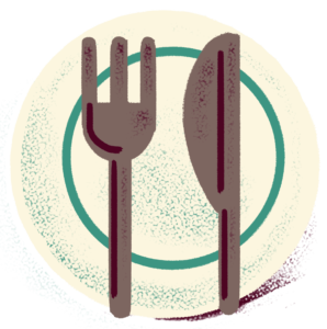 Illustration of a plate with a knife and fork on top