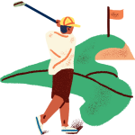 Illustrated icon of a golfer swinging his club at a hole flag ahead to illustrate the Bay of Quinte golf packages page