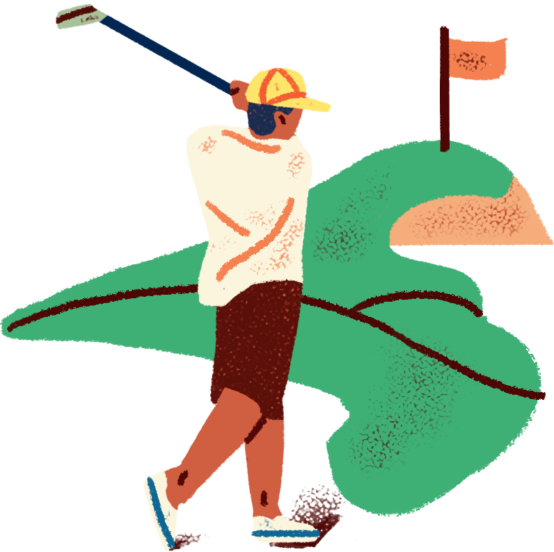 Illustrated icon of a golfer swinging his club at a hole flag ahead to illustrate the Bay of Quinte golf packages page