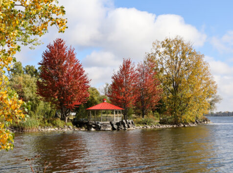 Image of gazebo set amongst fall coloured maples on a lake