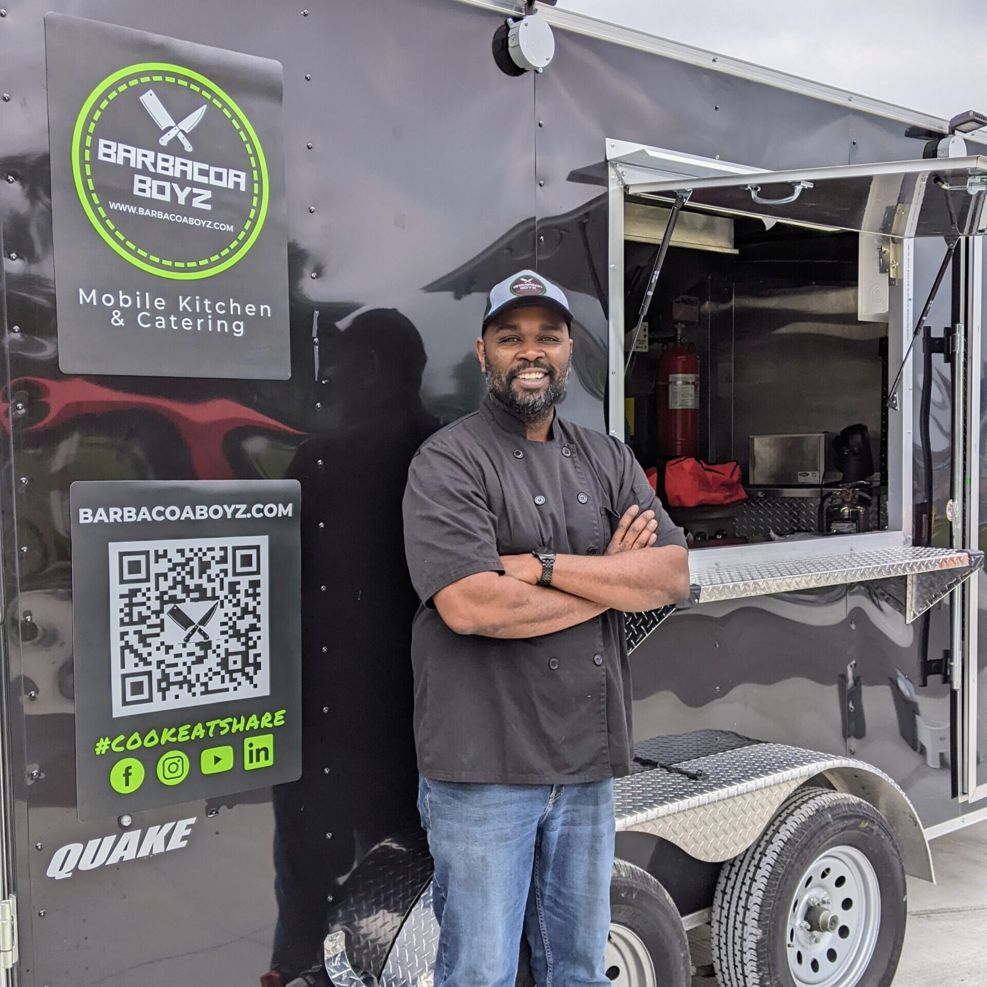 chef jamie stands in front of the barbacoa boyz trailer