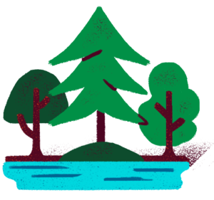Illustration of three trees and water