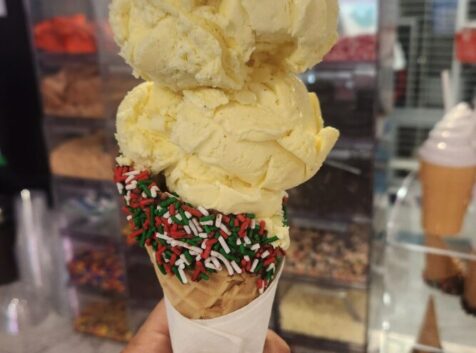Image of a double scoop ice cream cone on a waffle cone