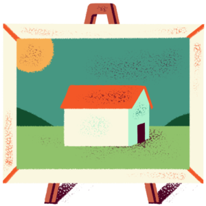 Illustration of a painting of a house and sun sitting on an easel.