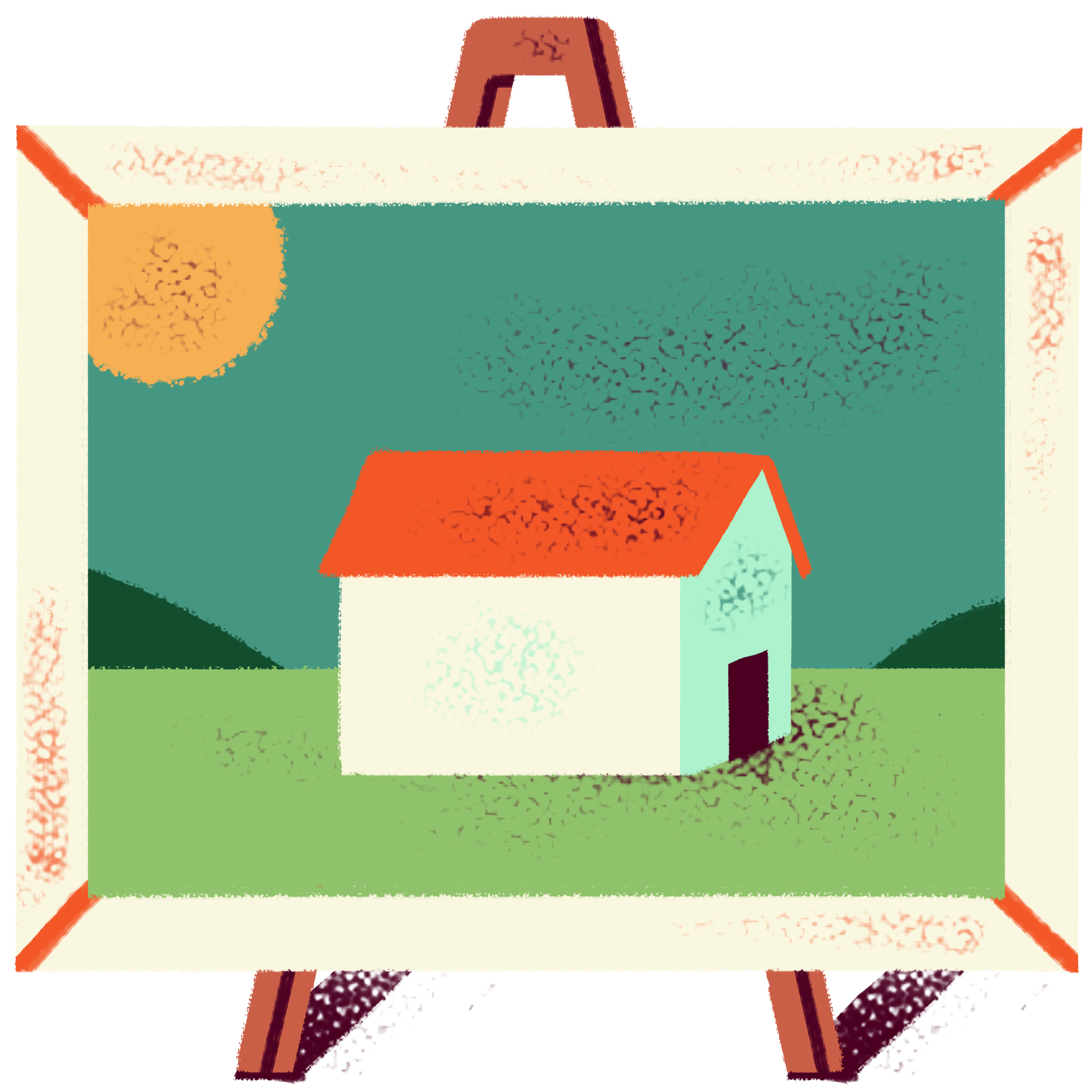 Illustration of a painting of a house and sun sitting on an easel.