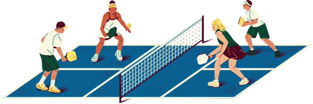 Illustration of four players on a pickleball court