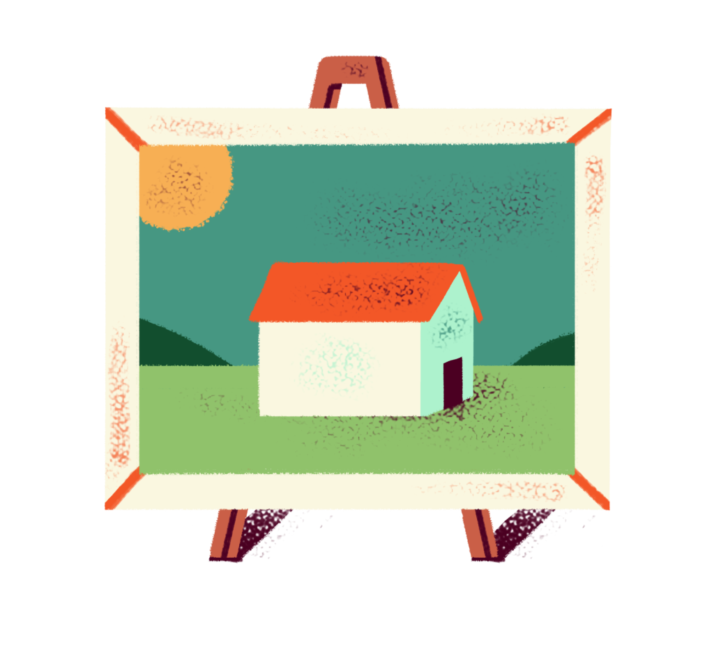 Illustration of an easel with a painting on it
