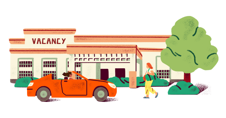 Illustration of a hotel with a convertible car in front