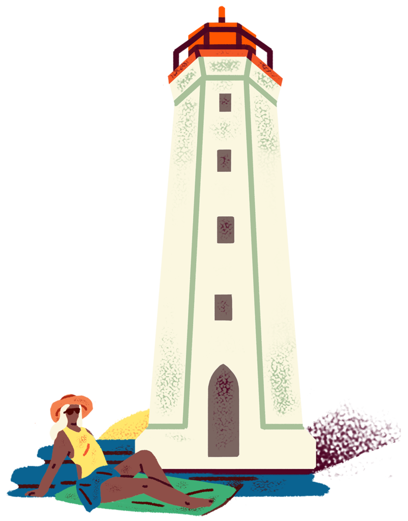Illustration of a lighthouse with a sunbather in front