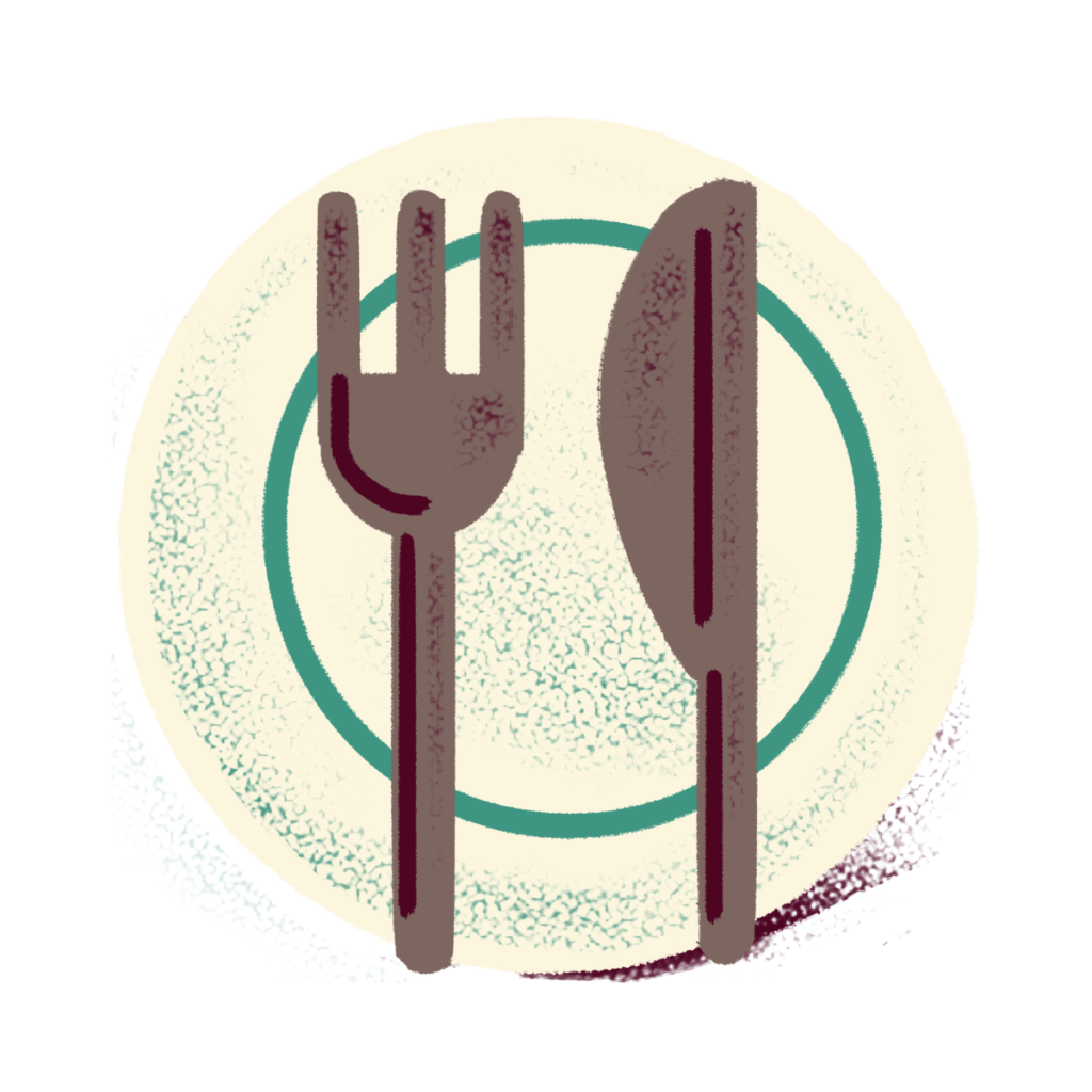 Illustration of a dinner plate with a fork and knife