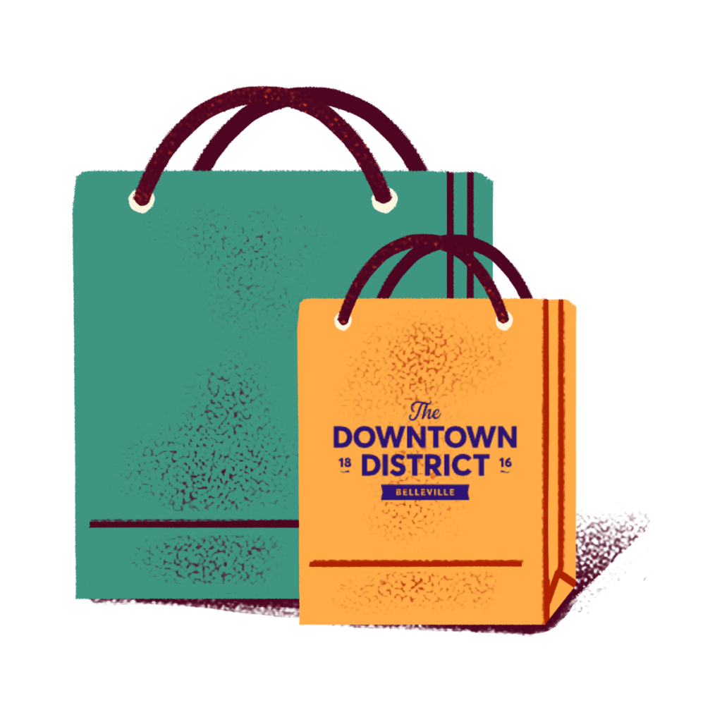 Illustration of two shopping bags with the Belleville Downton District Logo