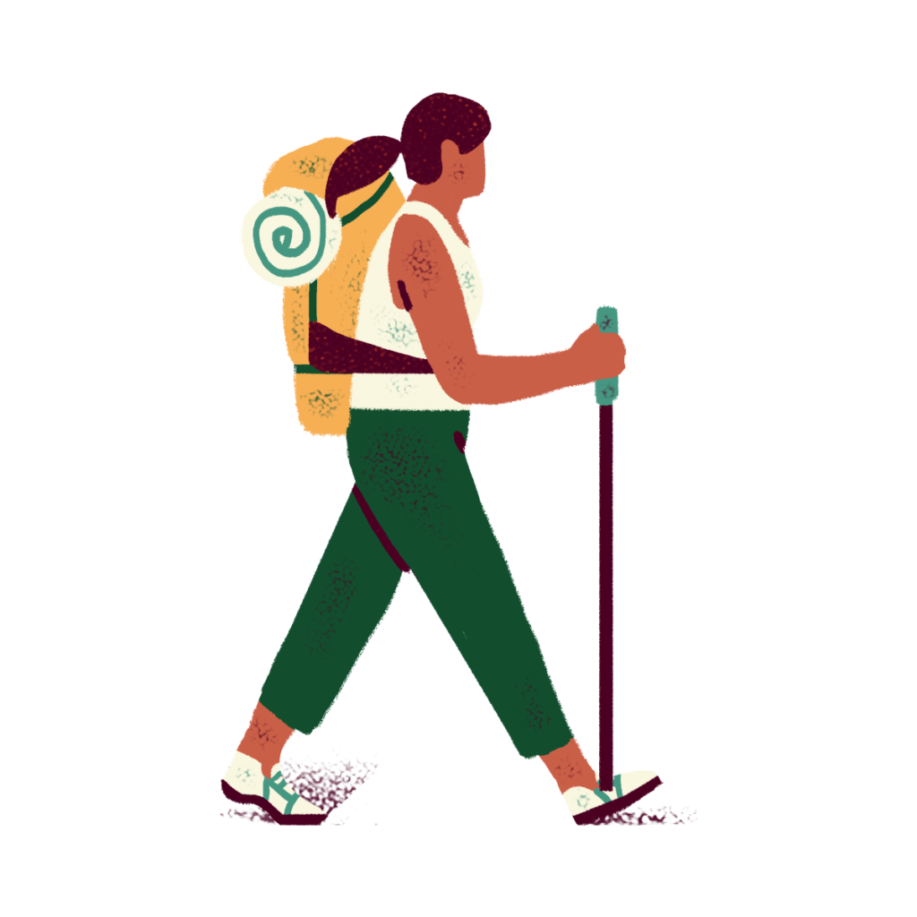 Illustration of a hiker with walking stick and backpack