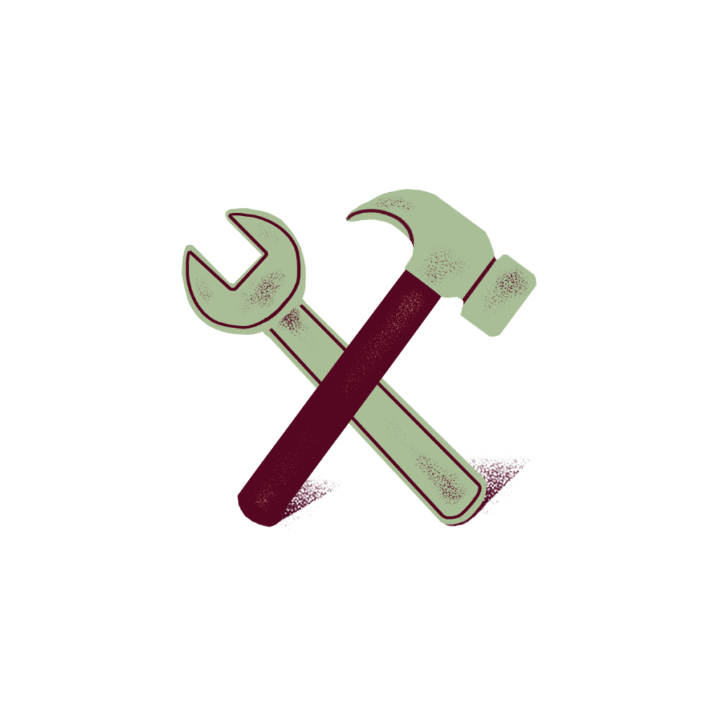 Illustration of a hammer and wrench crossing eachother