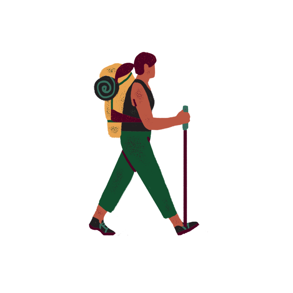 Illustration of a hiker with walking stick and backpack