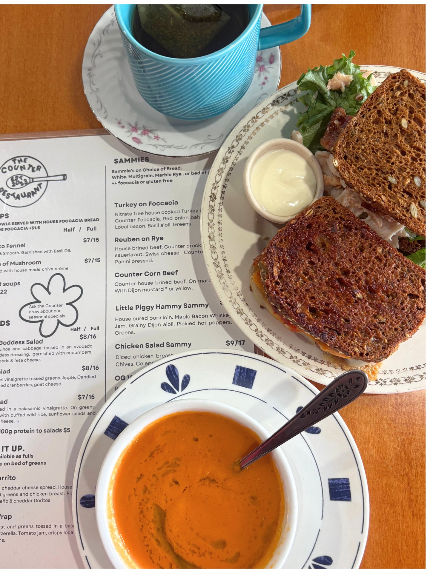 image of peppermint tea, sandwich, and soup