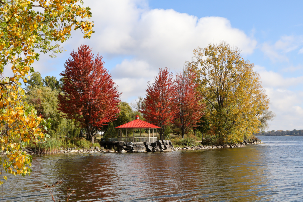 Image of a waterfront gazebo surrounded by fall colours trees