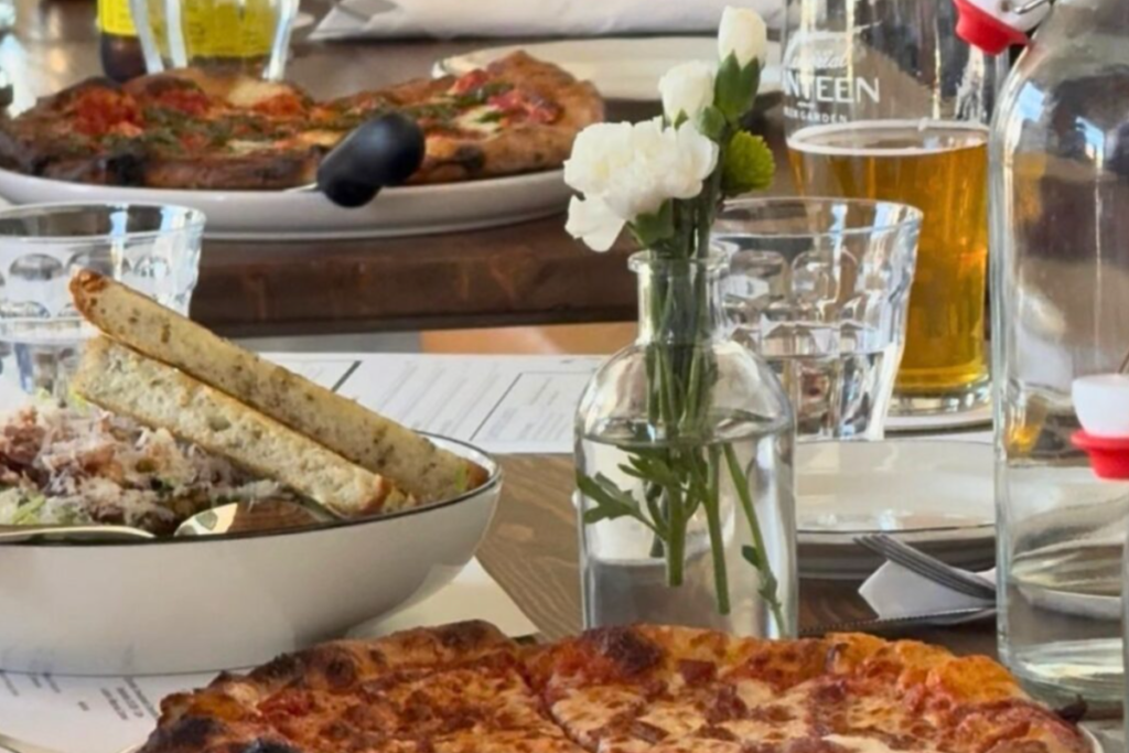 Image of a restaurant table with food and drinks